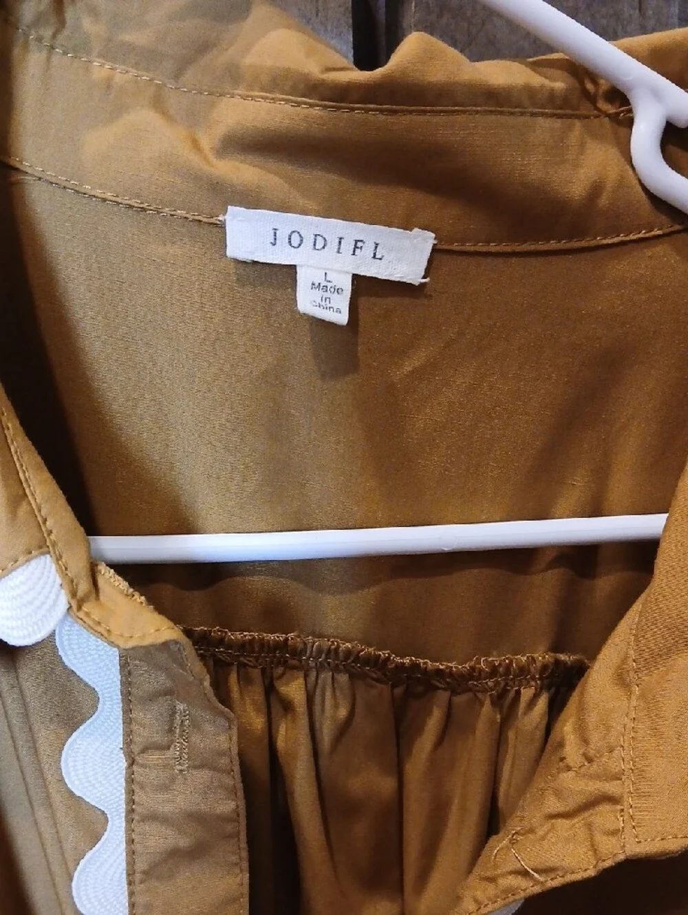 JODIFL Women's Mustard Brown Button-Front Tiered Shirt Dress with White Trim